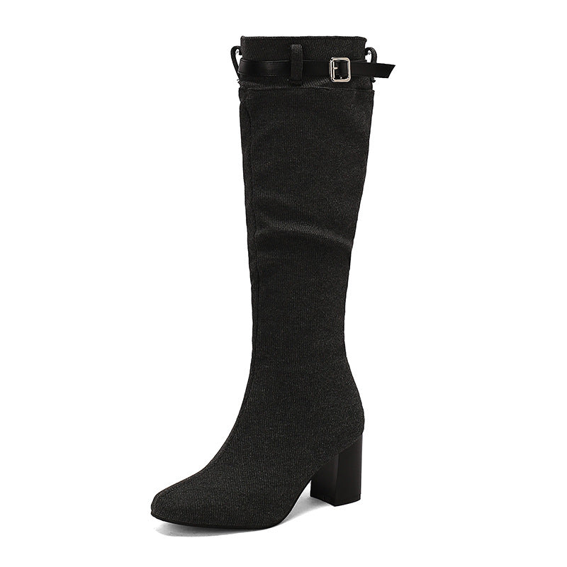 Chunky-Heeled Over-the-Knee Boots with Color-Block Leather Belt Buckle - Women's High Fashion Boots