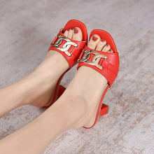 Load image into Gallery viewer, Women's Metal Buckle High Heel Peep Toe Slippers | Block Heel Open Toe Mules in PU Leather