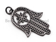 Load image into Gallery viewer, Black CZ Pave On Black Micro Pave Hamsa Hand with Flat Square Bail Pendant, CZ Pave Pendant, 22x34mm, sku#F379