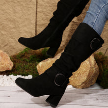 Load image into Gallery viewer, Women's Belt Buckle Chunky Heel Mid-Calf Boots | Suede Pointed Toe Fall Winter
