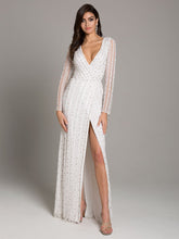 Load image into Gallery viewer, Lara Blair Long-Sleeve Beaded Surplice Sheath Gown