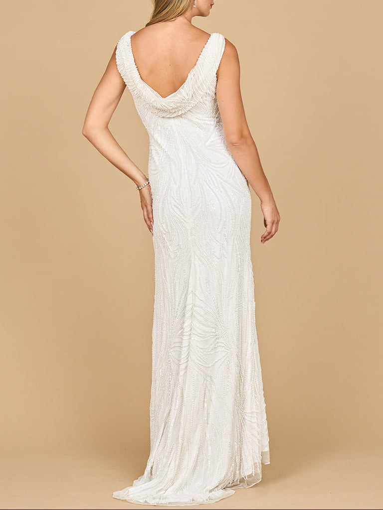Lara 51200- Beaded Draped Cowl Back Wedding Gown