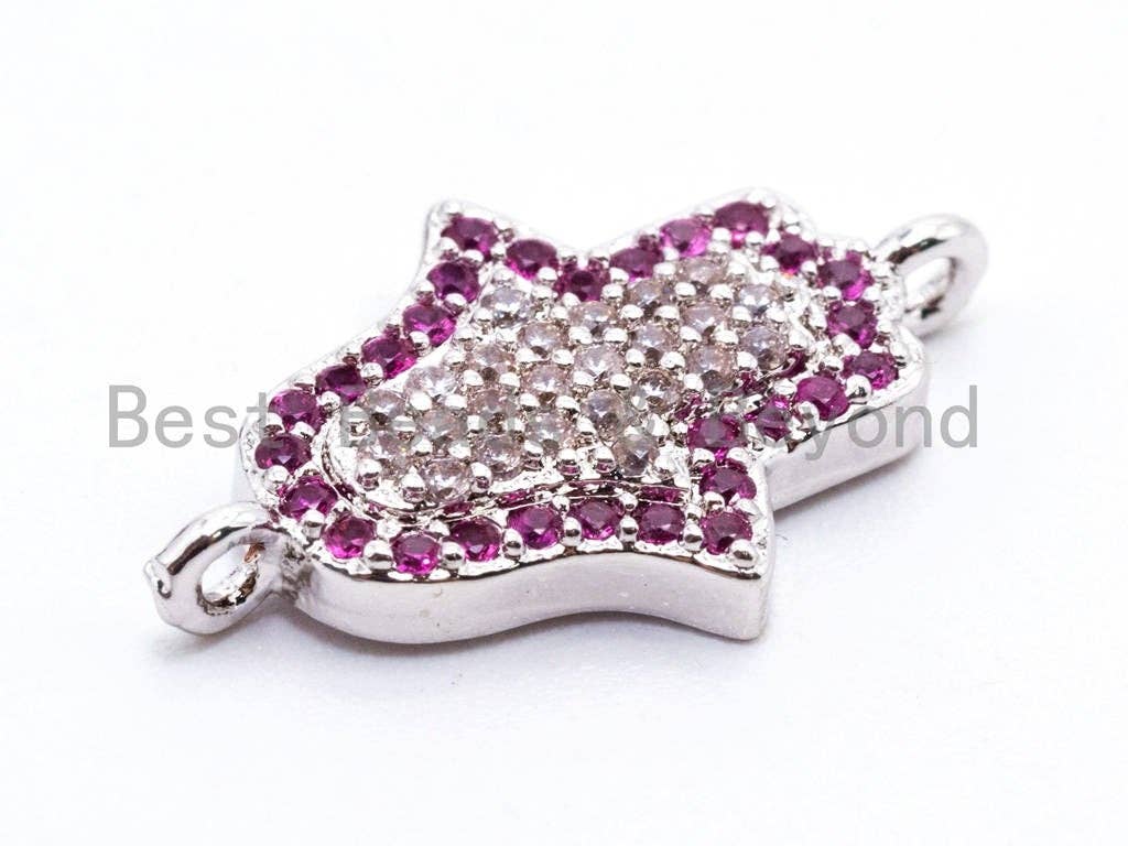 CZ Micro Pave Fuchsia Hamsa Hand Connector, Cubic Zirconia Space Connector in Gold Rose Gold,Silver,Black Color, 11x18mm, sku#A56