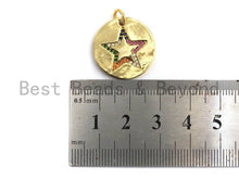 Load image into Gallery viewer, CZ Colorful Micro Pave Round Gold With Five Star Pendant, Coin Shaped Pave Pendant, Gold plated, 21x21mm, Sku#F869