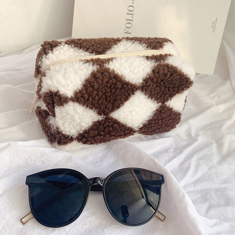 Plaid Plush Crossbody Bag | Large Capacity Makeup & Storage Organizer | Korean Style