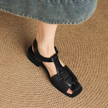 Load image into Gallery viewer, Women's Woven T-Strap Block Heel Sandals | Oiled Cowhide Square-Toe