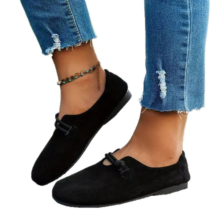 Women's Round Toe Flats - Sweet Suede Slip-On Dress Shoes with Floral Detail