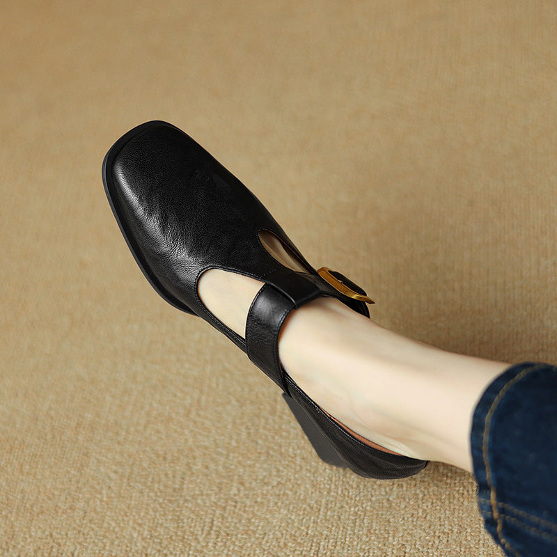 Mary Jane Pumps Women Retro Square Toe Chunky Heel Leather Shoes