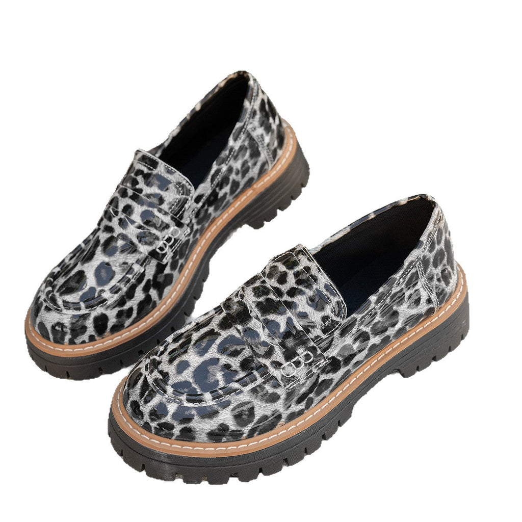Women's Leopard Print Loafers - Chunky Heel Patent Leather Slip-On Shoes