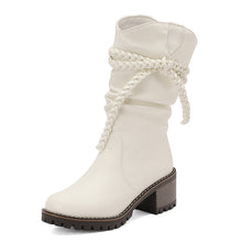 Load image into Gallery viewer, Women's Knitted Strap Mid-Calf Boots With Chunky Heels | Black &amp; White