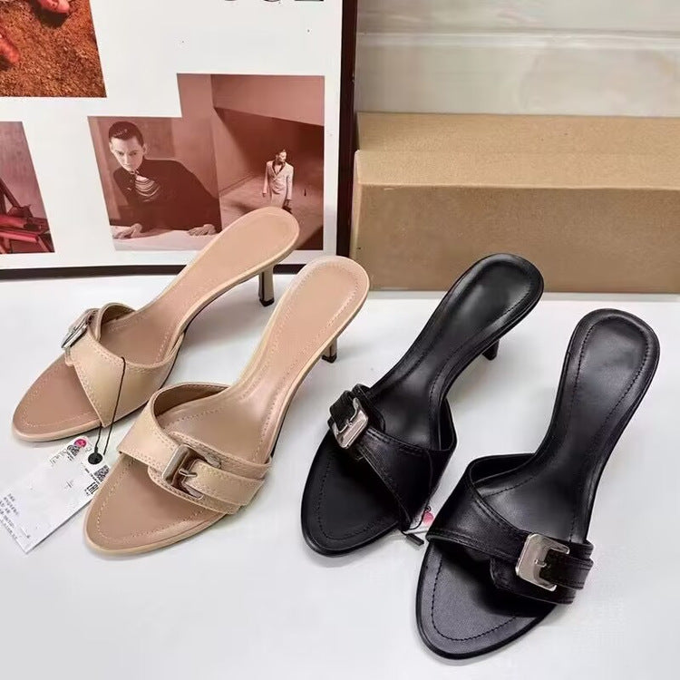 Women's Mid-Heel Peep Toe Sandals – PU Leather Casual Outdoor Sandals in Black & Apricot