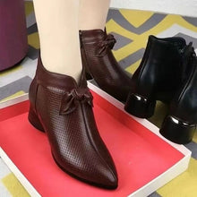 Load image into Gallery viewer, Women's Pointed Toe Chunky Heel Ankle Boots with Side Zipper &amp; Bow Detail