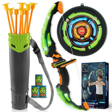 Load image into Gallery viewer, LED Bow &amp; Arrow Toy Set for Kids Light-Up Archery Play Kit with Suction Cup Arrows (Blue/Green)