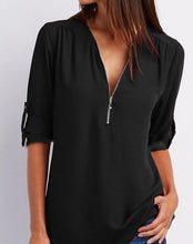 Load image into Gallery viewer, Women's Short-Sleeve Zip V-Neck Loose Top