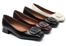 Load image into Gallery viewer, Womens Retro Square-Toe Sheepskin Leather Chunky Heel Pumps | Low Heel Slip-On Dress Shoes