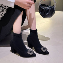 Load image into Gallery viewer, Women's Pointed-Toe Chunky Heel Ankle Boots | Suede Slip-On Block Heel Booties