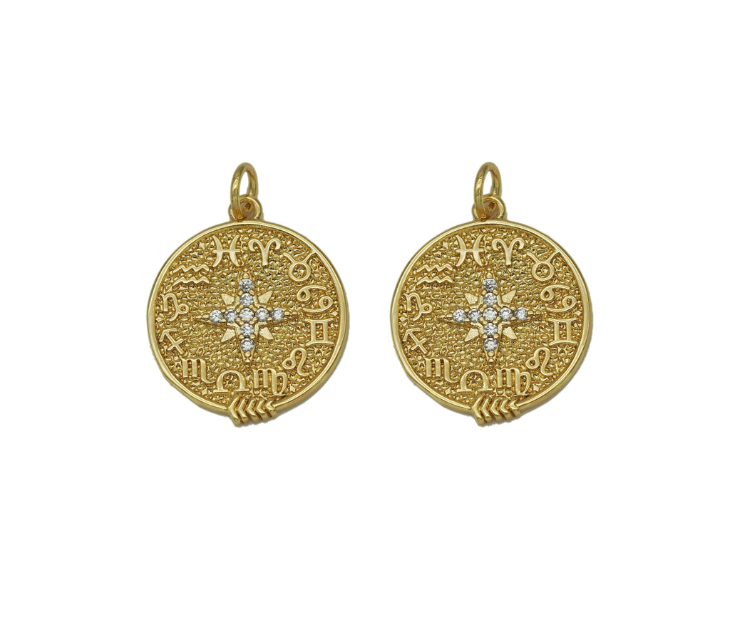 CZ North Star On Round Coin Charm, Sku#F1480