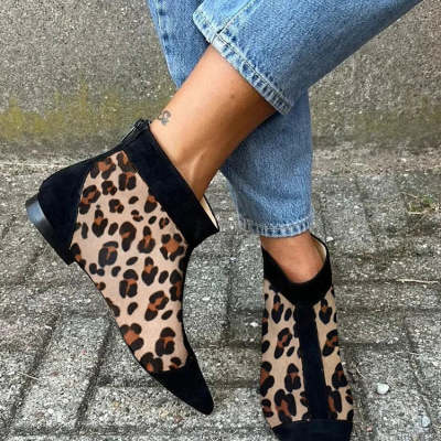 Women's Leopard Print Pointed-Toe Low Heel Shoes | Suede Back-Zip Casual Flats