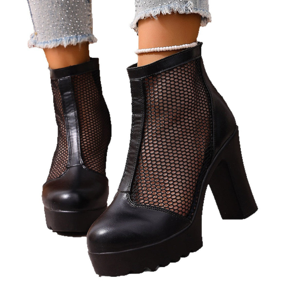 Women's Mesh Chunky Heel Ankle Boots – Back Zip High Heel Fashion Boots