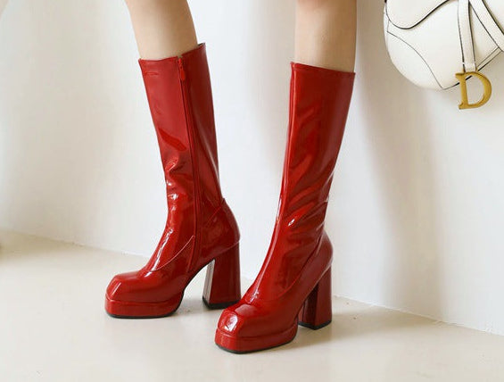 Women's Chunky Heel Mid-Calf Boots | Square Toe Side Zipper High Heel Boots