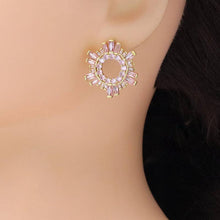 Load image into Gallery viewer, Pink Clear Baguette CZ Flower Statement Earrings, Sku#A336