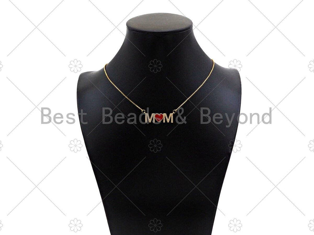 Gold Filled Red Enamel Heart CZ Micro Pave MOM Shape Pendant, 18K Gold Filled Charm, Mother's day, Necklace Pendant,11x32mm,Sku#LD125
