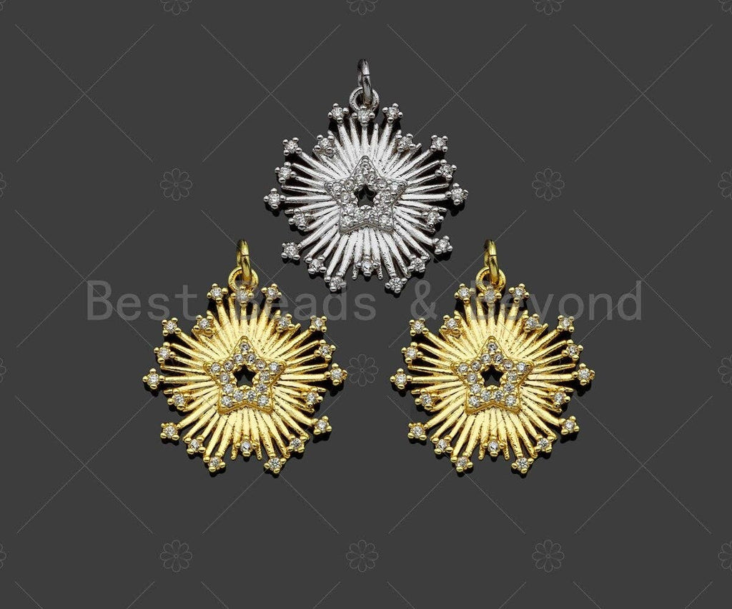CZ Micro Pave Radial Star flower Shape Pendant/Charm,Cubic Zirconia Charm, Necklace Bracelet Charm Pendant,21x19mm, Sku#L509