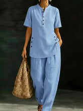 Load image into Gallery viewer, Three-Quarter Sleeve Shirt &amp; Wide-Leg Pants Two-Piece Set – Solid Color Casual
