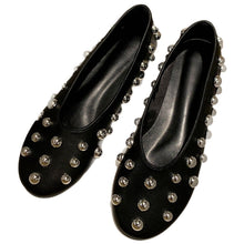 Load image into Gallery viewer, Women's Black Studded Ballet Flat Shoes – PU Leather Casual Flats with Metal Stud Detail
