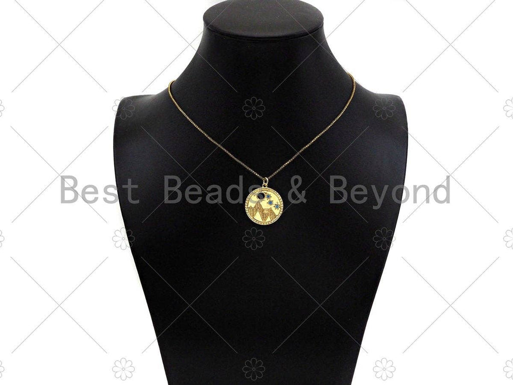 CZ Micro Pave Moutain Star Moon On Round Coin Pendant,Cubic Zirconia Silver/Gold Charm, Necklace Bracelet Charm Pendant, 22x25mm, Sku#L540