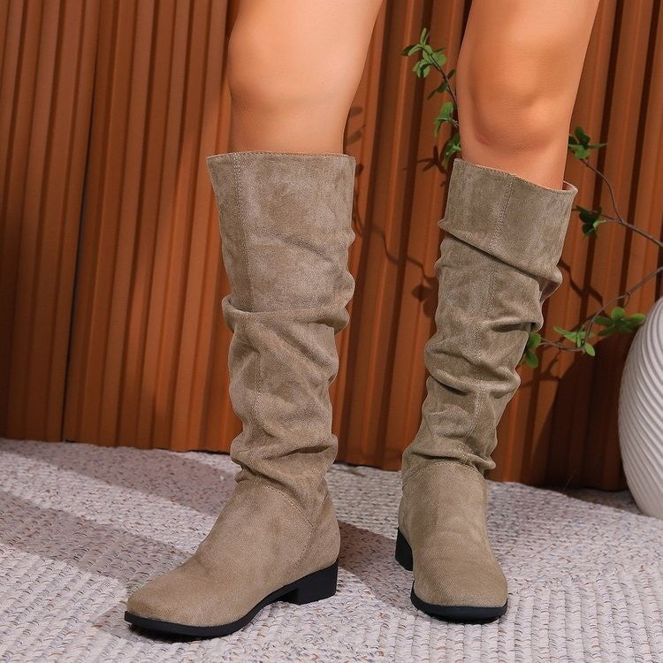 Women's Plus Size Suede Chunky Heel Slip-On Boots | Round Toe High Shaft