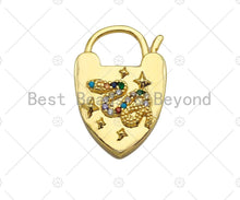 Load image into Gallery viewer, CZ Micro Pave Colorful Snake Padlock Heart Clasp Charms, Colorful Snake On Padlock Clasp, Padlock Necklace Charms, 17x25mm, Sku#K167