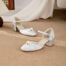 Load image into Gallery viewer, Women's Jacquard Platform Heels | Pearl Bow Square-Toe Chunky Heel Shoes