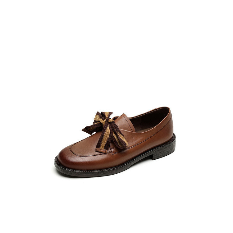 Women's Leather Bow Pumps | Retro Round Toe Chunky Low Heel Loafer Shoes