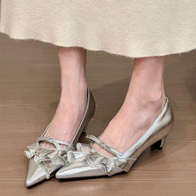 Load image into Gallery viewer, Women's French-Style Stiletto Heels with Ruffled Hem &amp; Bow Tie - Open Toe Low Heel Loafers