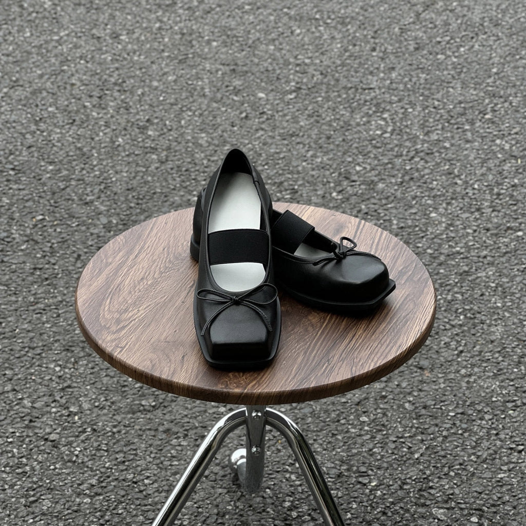Women's Bow-Knot Genuine Leather Ballet Flats - Chunky Heel Mary Jane Shoes