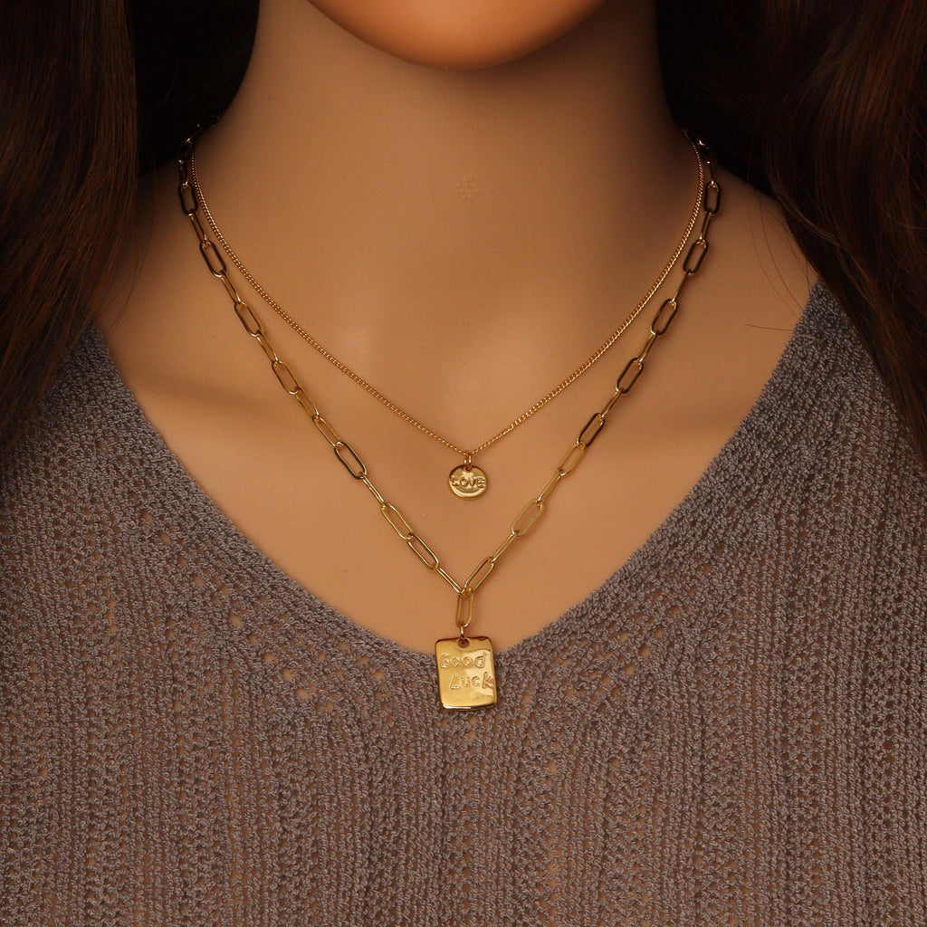 Lucky Tag Love Coin Dainty Chain Layering Necklace set, EF468