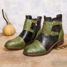 Load image into Gallery viewer, Women's Ethnic Rivet Buckle Boots - Cowhide Leather Fashion Ankle Boots with Side Zipper