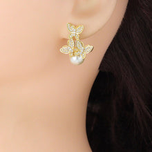 Load image into Gallery viewer, Clear CZ White Pearl Butterfly Stud Earrings, Sku#L725
