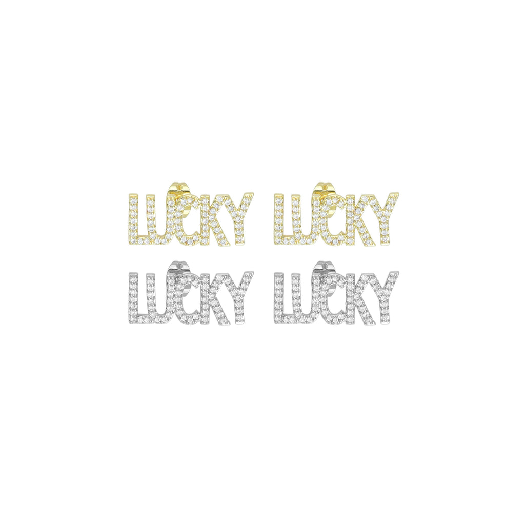 Clear CZ Lucky Word Earrings, Sku#A353