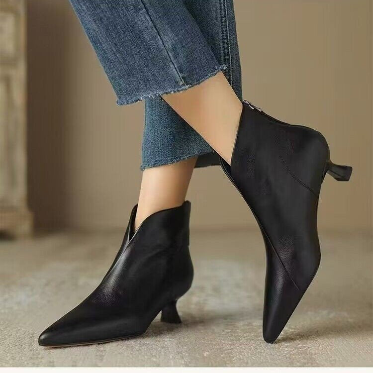 Women's Kitten Heel Ankle Boots – Pointed Toe Back Zipper | French-Style Chic