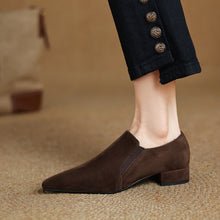 Load image into Gallery viewer, Women's Suede-Texture Pointed-Toe Low Chunky-Heel Slip-On Shoes | Black &amp; Brown