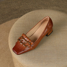 Load image into Gallery viewer, Fringed Chunky Heel Peep-Toe Leather Shoes with Chain Detail - Women's Mid Heel Slip-On Dress Shoes