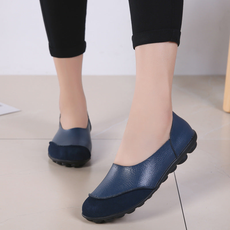 Women's Korean Casual Slip-On Loafers | Low Heel Round Toe Leather Shoes