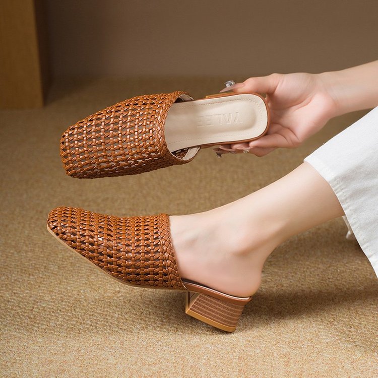 Women's Woven Square Toe Sandals - Casual Summer Flats with Synthetic Leather Upper