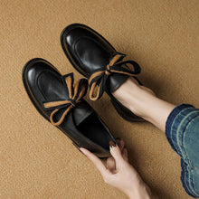 Load image into Gallery viewer, Women's Leather Bow Pumps | Retro Round Toe Chunky Low Heel Loafer Shoes