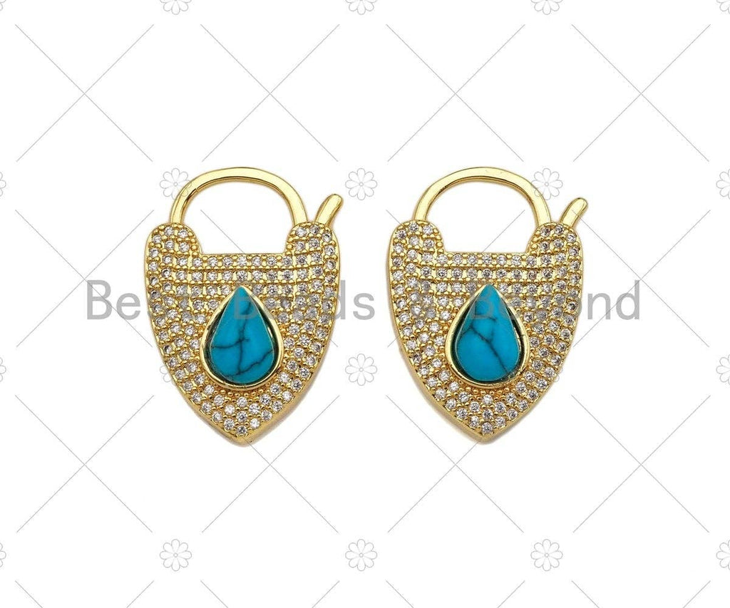 CZ Micro Pave Turquoise Padlock Clasp Charms, Heart CZ Padlock Clasp, Heart Chain Connector, Padlock Necklace Charms, 25x18mm, Sku#K160