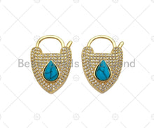 Load image into Gallery viewer, CZ Micro Pave Turquoise Padlock Clasp Charms, Heart CZ Padlock Clasp, Heart Chain Connector, Padlock Necklace Charms, 25x18mm, Sku#K160