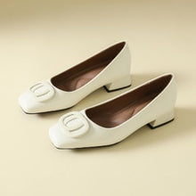 Load image into Gallery viewer, Womens Retro Square-Toe Sheepskin Leather Chunky Heel Pumps | Low Heel Slip-On Dress Shoes