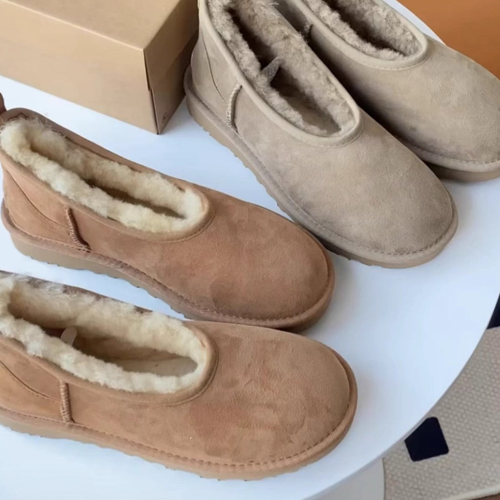 Women's Low-Cut Leather & Fur Snow Boots | Slip-On Winter Boots | Sizes 35–40